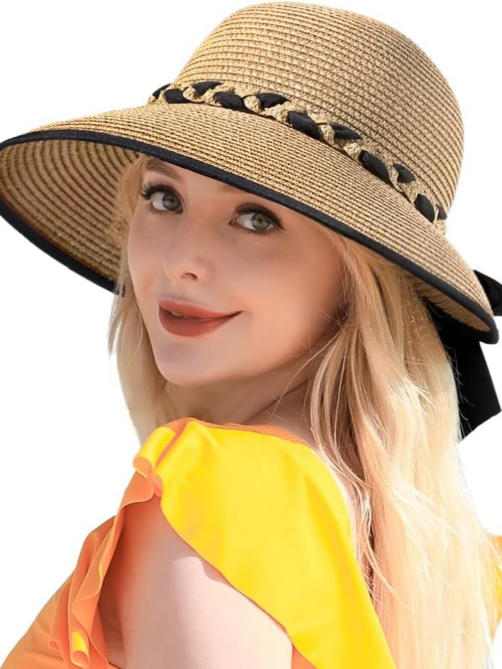 Women's Beach Sun Straw HatsUPF 50+ UV Sun Protection Wide Brim Deep Khaki - Picture 2 of 6